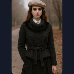 Escapade Fur Trimmed Cowl Neck Belted Wool Sweater Black Size Medium Women's